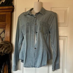 Distressed Tailored Denim Button-Up Shirt Long Sleeved Size M Very Unique